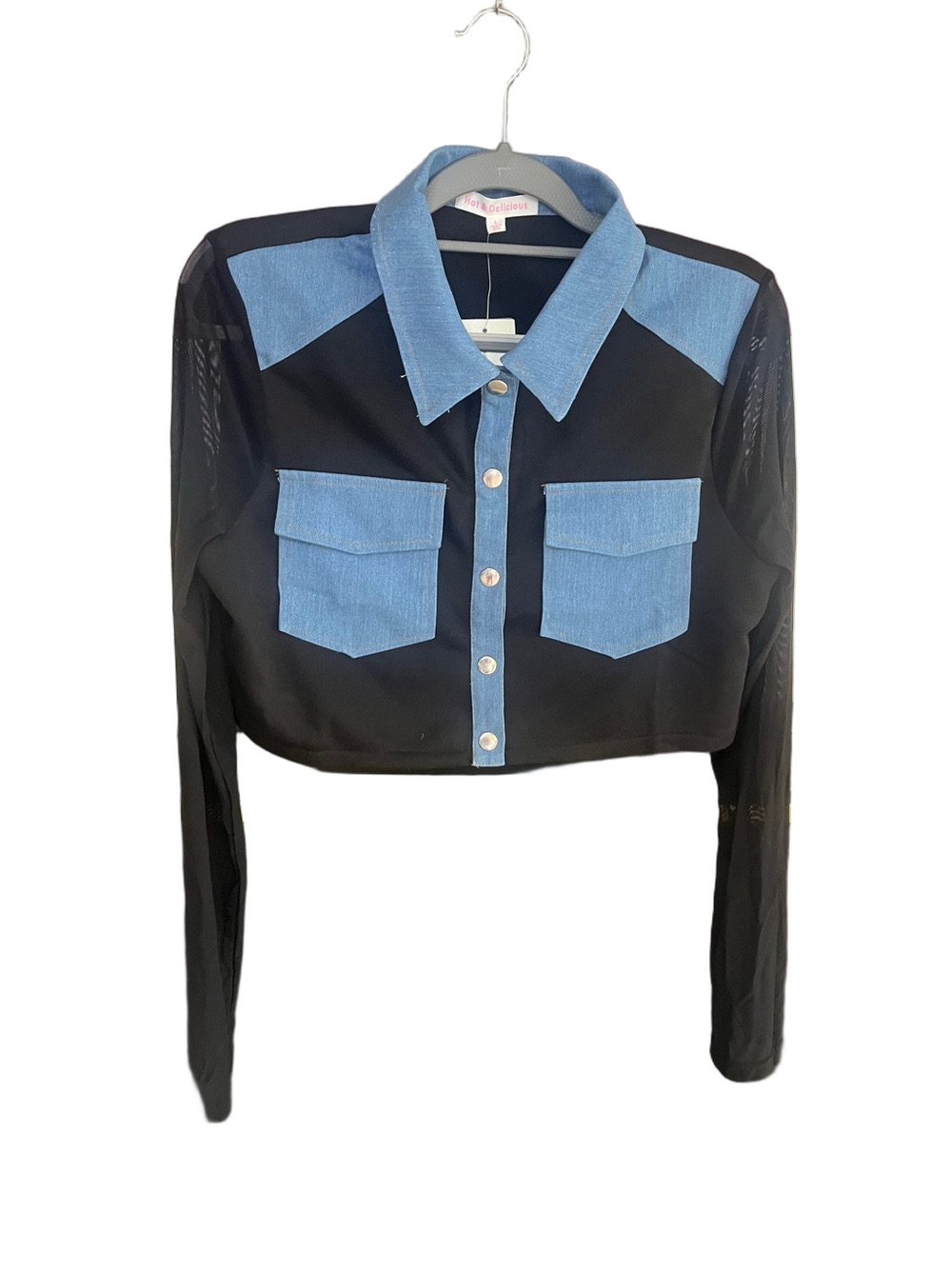 Hot & Delicious Cropped Long Sleeve Black Top with Light Blue Denim Accents